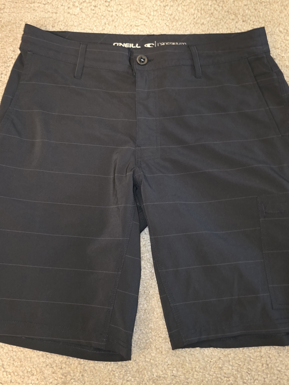 O'Neill Men's Hybrid Shorts Black Stripe Flat Front Button Zip Pockets Striped